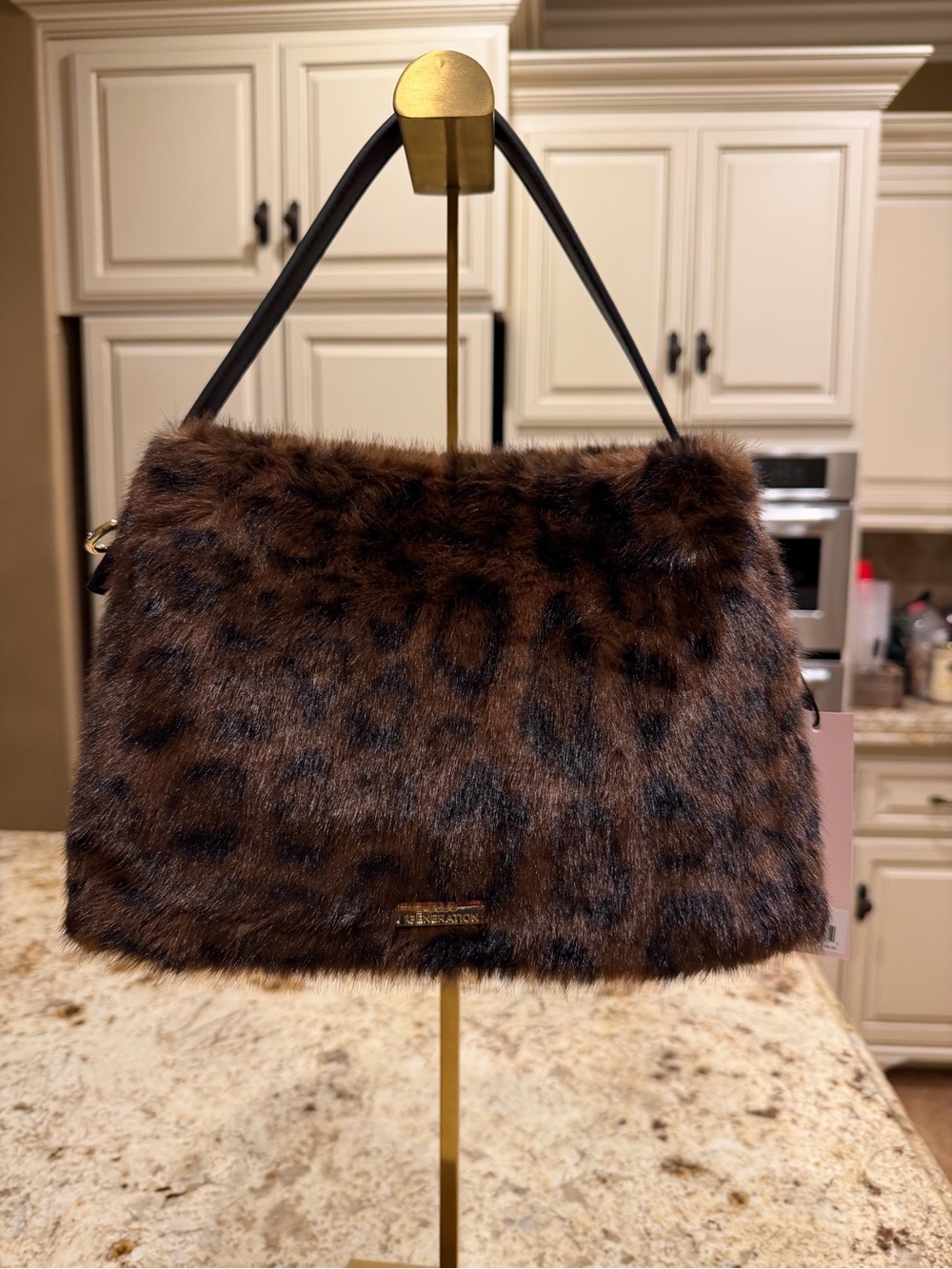 BCBG Generation Faux Fur Leopard-Print Handbag w/detachable crossbody strap